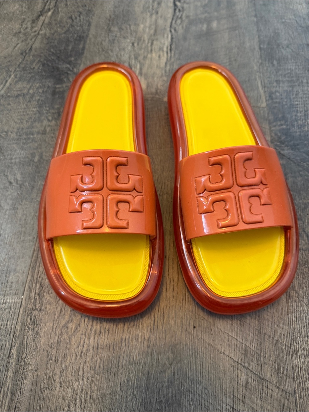 Tory Burch Yellow and Burnt Orange Slide Sandals with Logo Strap